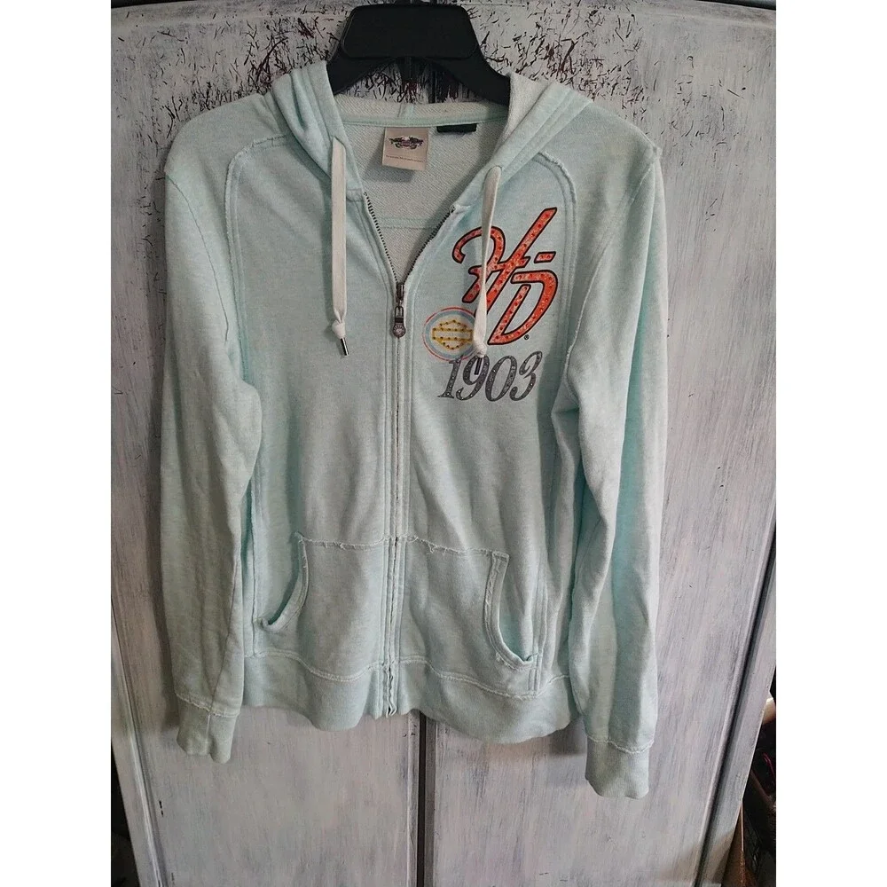 Harley-Davidson Rhinestone Hooded Jacket Blue Medium Motorcycle Y2K - Picture 2 of 15